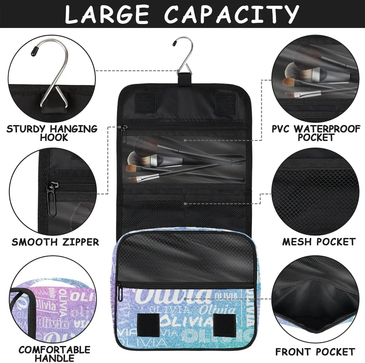 Personalized Name Travel Makeup Bag with Hanging Hook Custom Toiletry Bag Travel Cosmetics Case Waterproof for Women Men Accessories, Gradient Blue