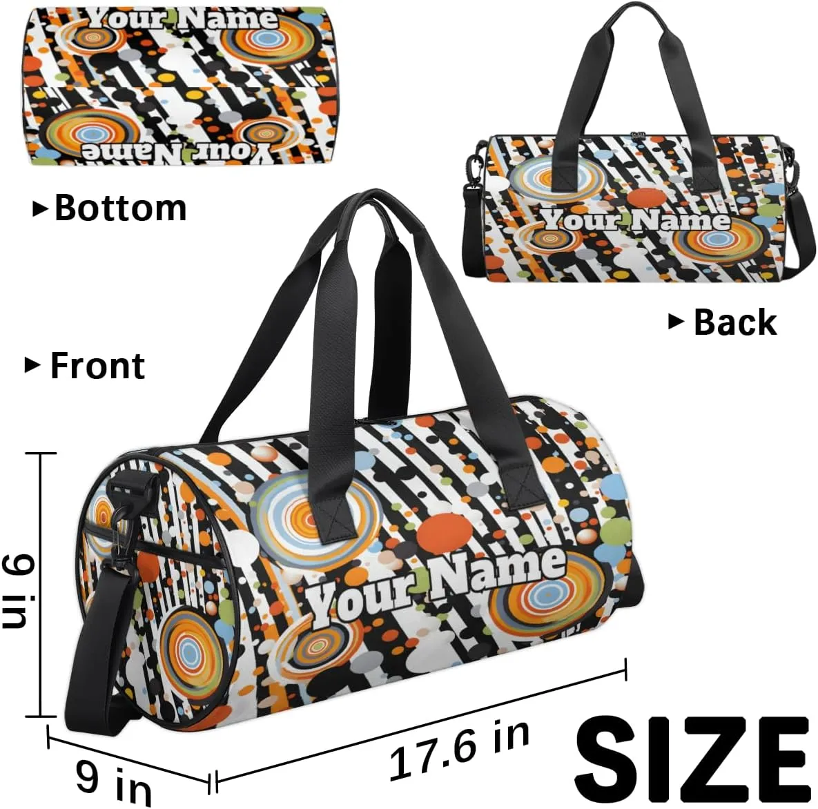 Personalized Polka Dots Sport Gym Bag, Custom Name Duffel Bags for Men, Waterproof Custom Sport Duffel Bag, Gymnastics Dance, Stripes