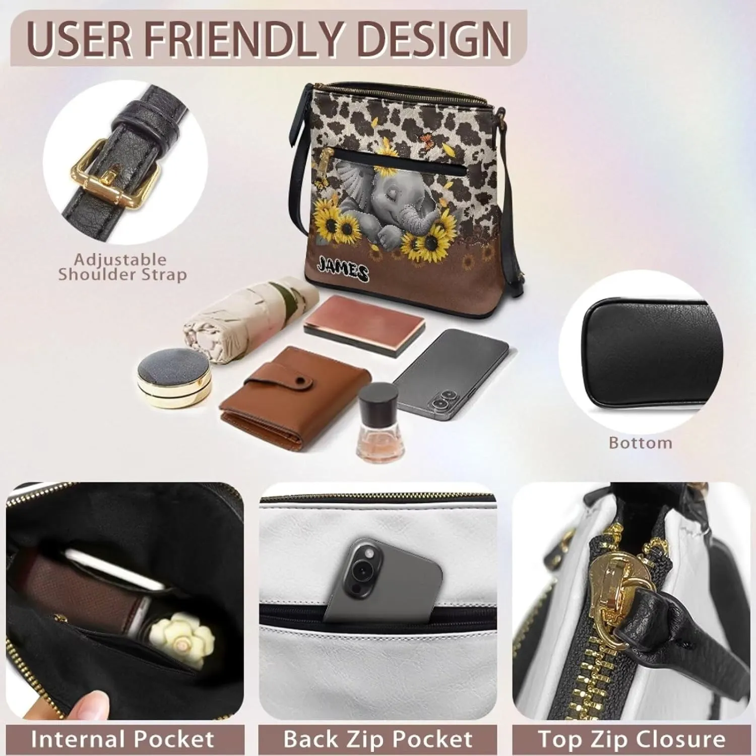Personalized Purse for Women Custom Leather Crossbody Bag with Name Customized Hobo Bag with Zipper