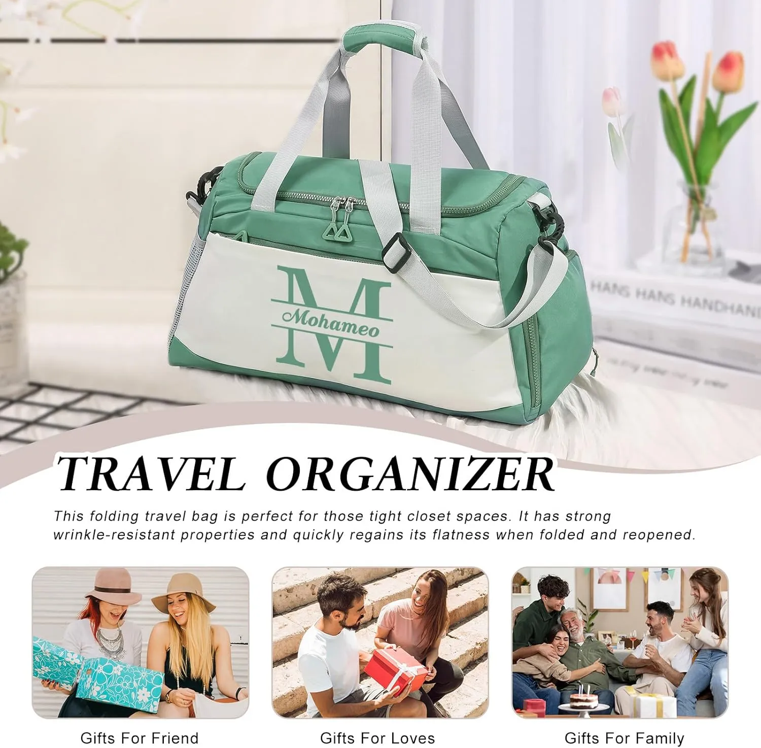 Personalized Travel Duffel Bag: Custom Large Waterproof Travel Bag with Name and Letter - Travel Luggage Bag with Shoes Compartment for Women Men
