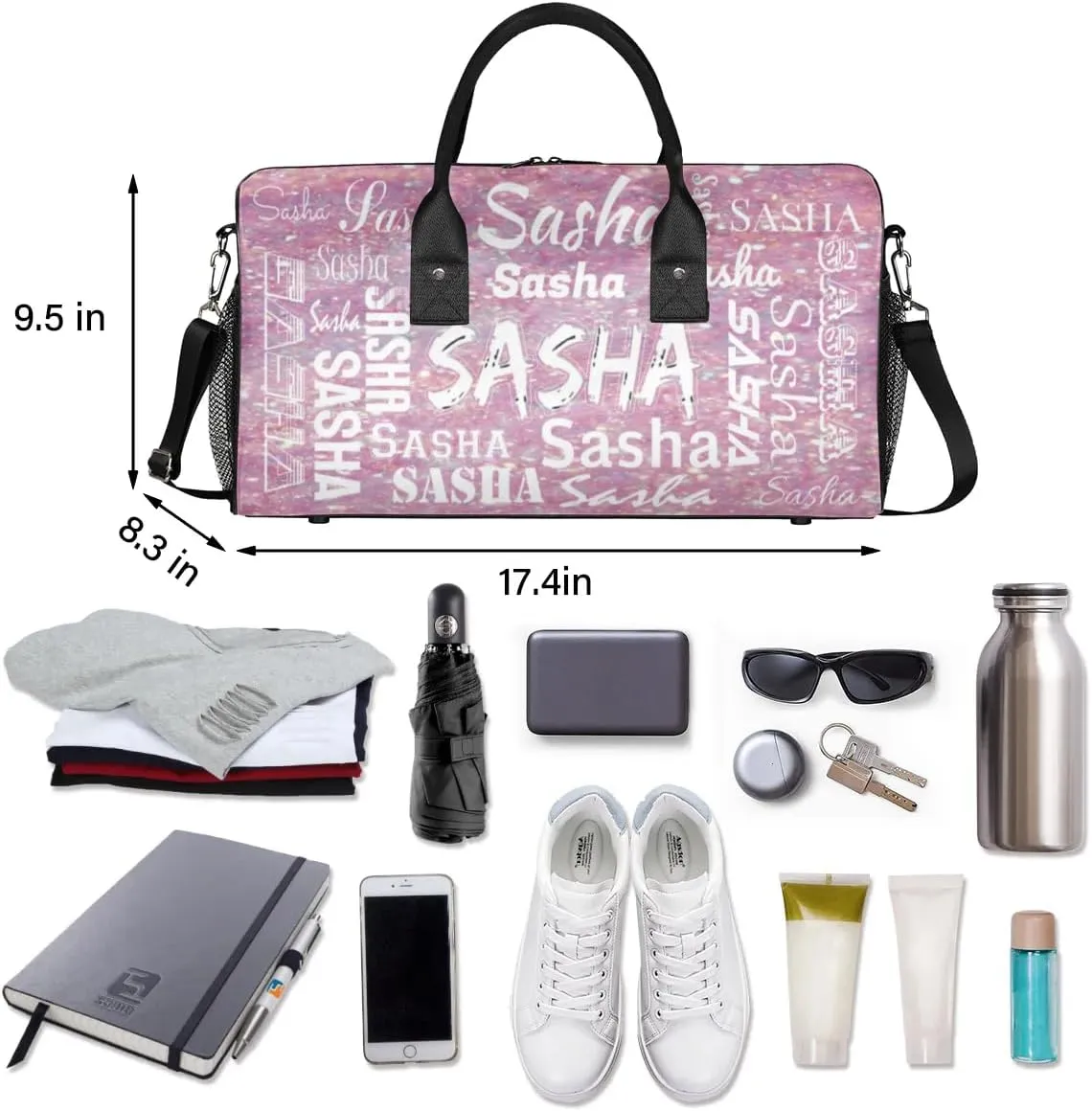 Personalized Travel Duffel Bag with Name, Custom Gymnastics Cheer Dance Gym Duffel Bag for Women Men Overnight Weekender Bag Birthday Gifts, Rose Pink Glitter (No Glitter)
