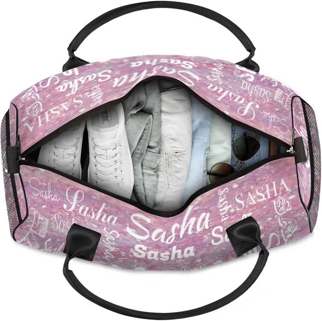Personalized Travel Duffel Bag with Name, Custom Gymnastics Cheer Dance Gym Duffel Bag for Women Men Overnight Weekender Bag Birthday Gifts, Rose Pink Glitter (No Glitter)