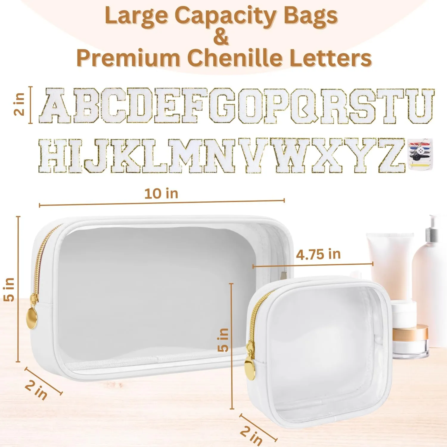 Personalized Travel Makeup Bag Set, 2PCS Toiletry Bag & 26 Chenille Letters, Elegant Skincare Bag, DIY Bridal Shower Gifts for Engagement Wedding (White)