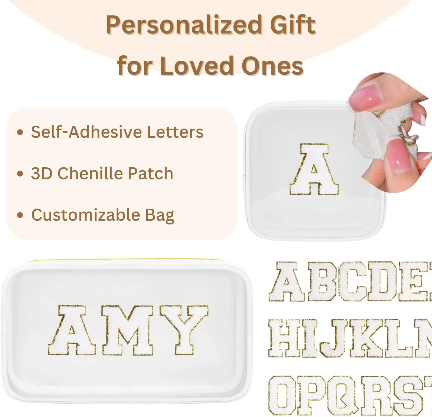 Personalized Travel Makeup Bag Set, 2PCS Toiletry Bag & 26 Chenille Letters, Elegant Skincare Bag, DIY Bridal Shower Gifts for Engagement Wedding (White)