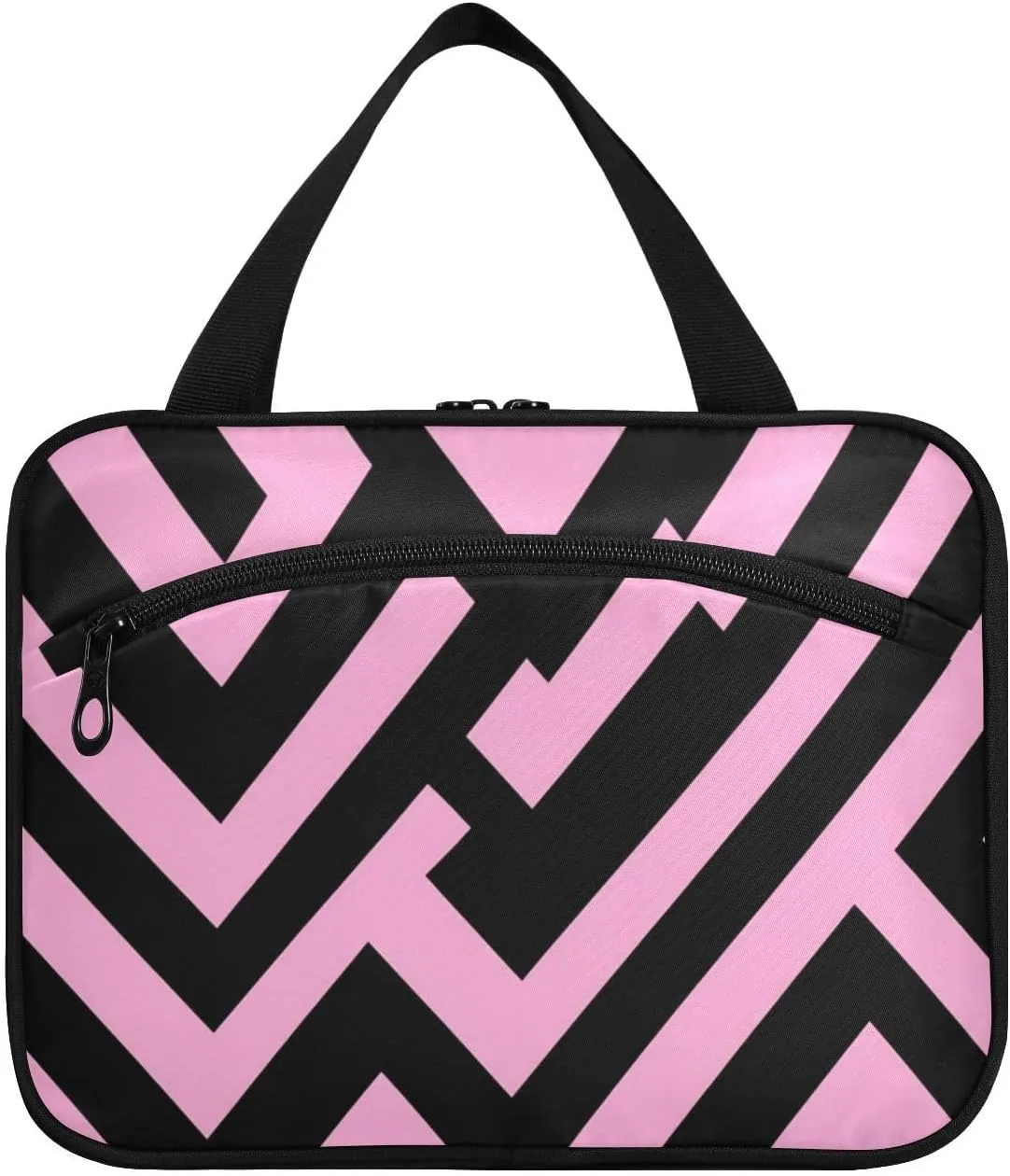 Pink Black Irregular Lines hanging personal item travel bag with hook, designer washable cosmetic bags for travel accessories traveling bolsa de maquillaje para mujer L