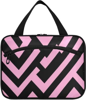 Pink Black Irregular Lines hanging personal item travel bag with hook, designer washable cosmetic bags for travel accessories traveling bolsa de maquillaje para mujer L