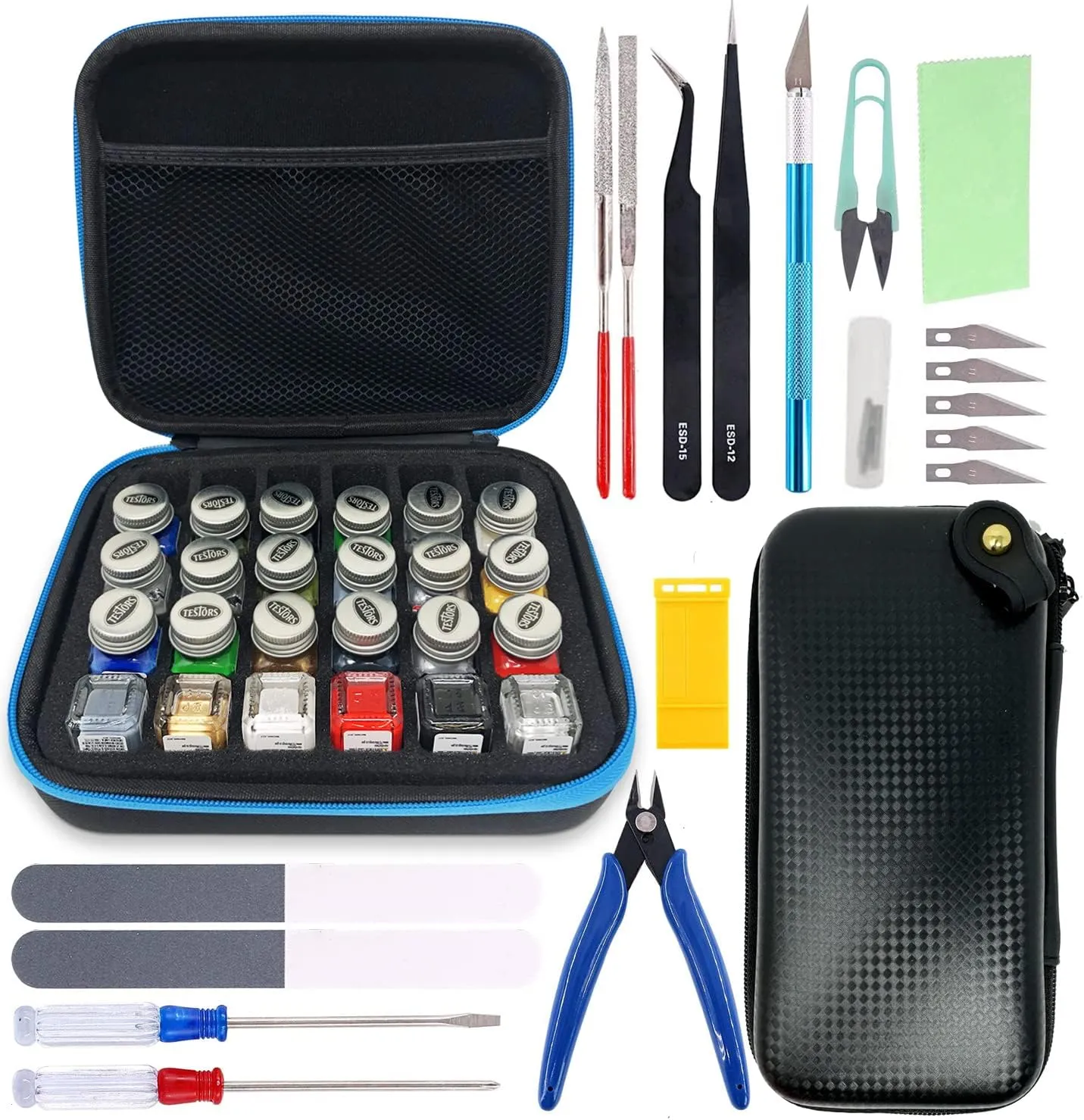 Pixiss Model Paint Storage Case (Holds 30 Bottles) and Model Making Accessory Kit - Travel Case for Testors Paints - Customizable Foam Insert - Hobby Craft Tools - Includes Precision Tweezers, Nippers