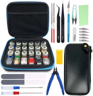 Pixiss Model Paint Storage Case (Holds 30 Bottles) and Model Making Accessory Kit - Travel Case for Testors Paints - Customizable Foam Insert - Hobby Craft Tools - Includes Precision Tweezers, Nippers