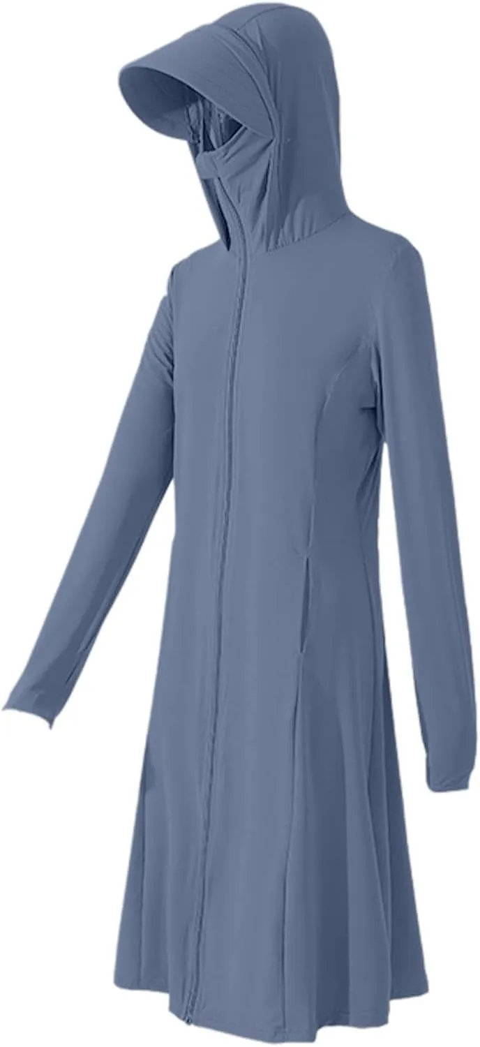 Plain Sun Protection Shirts for Women Fashion Full Zip Long Jackets with Pockets Lightweight SPF Midi Dress