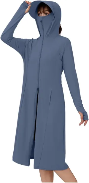 Plain Sun Protection Shirts for Women Fashion Full Zip Long Jackets with Pockets Lightweight SPF Midi Dress