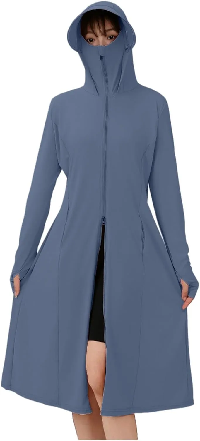Plain Sun Protection Shirts for Women Fashion Full Zip Long Jackets with Pockets Lightweight SPF Midi Dress