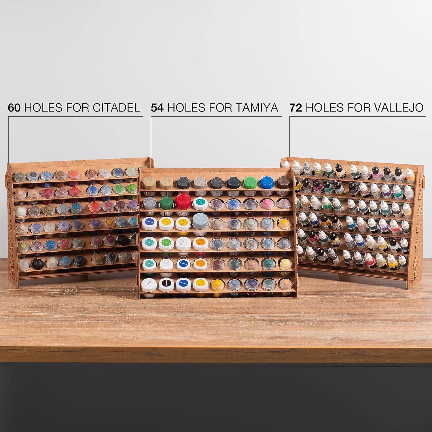 Plydolex Paint Rack Organizer with 54 Holes Suitable for Tamiya Paints - Wall-mounted Wooden Craft Paint Storage Rack - Craft Paint Holder Rack 16x5.2x12.6 inch