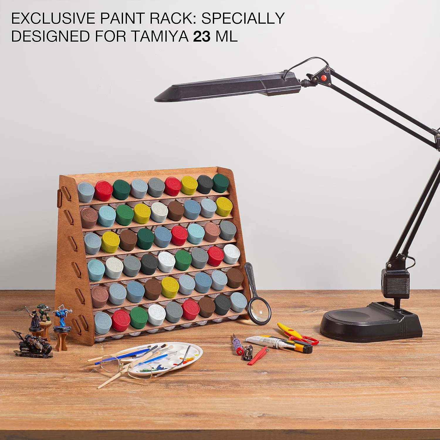 Plydolex Paint Rack Organizer with 54 Holes Suitable for Tamiya Paints - Wall-mounted Wooden Craft Paint Storage Rack - Craft Paint Holder Rack 16x5.2x12.6 inch