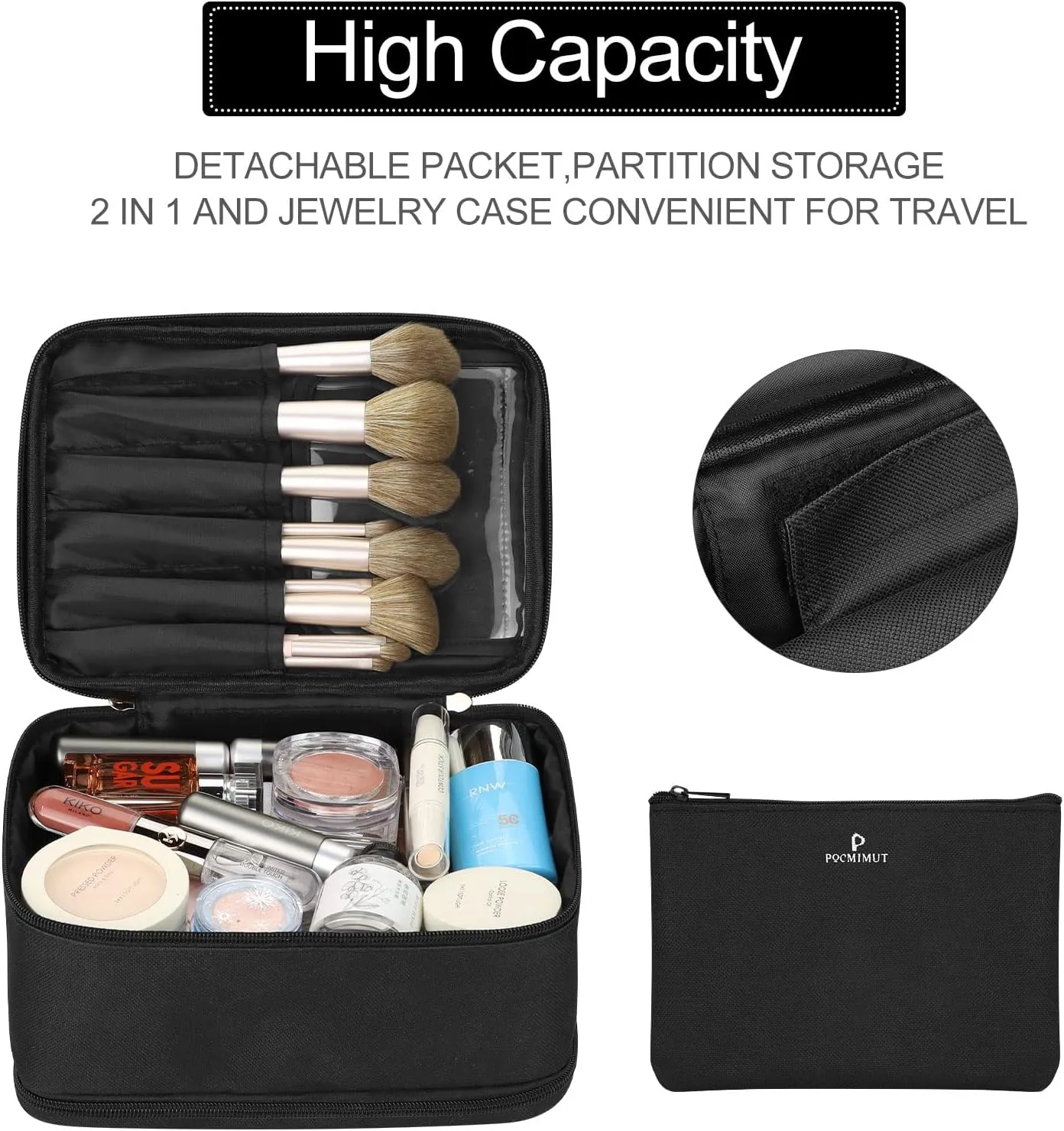 Pocmimut Makeup Bag and Jewelry Bag,Travel Makeup Case for Women 2 in 1 Waterproof Travel Make Up Bag and Jewelry Bag Brushes Bag for Earrings Necklaces Bracelets(Black)