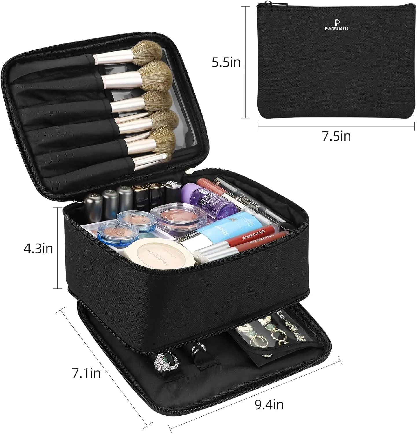 Pocmimut Makeup Bag and Jewelry Bag,Travel Makeup Case for Women 2 in 1 Waterproof Travel Make Up Bag and Jewelry Bag Brushes Bag for Earrings Necklaces Bracelets(Black)