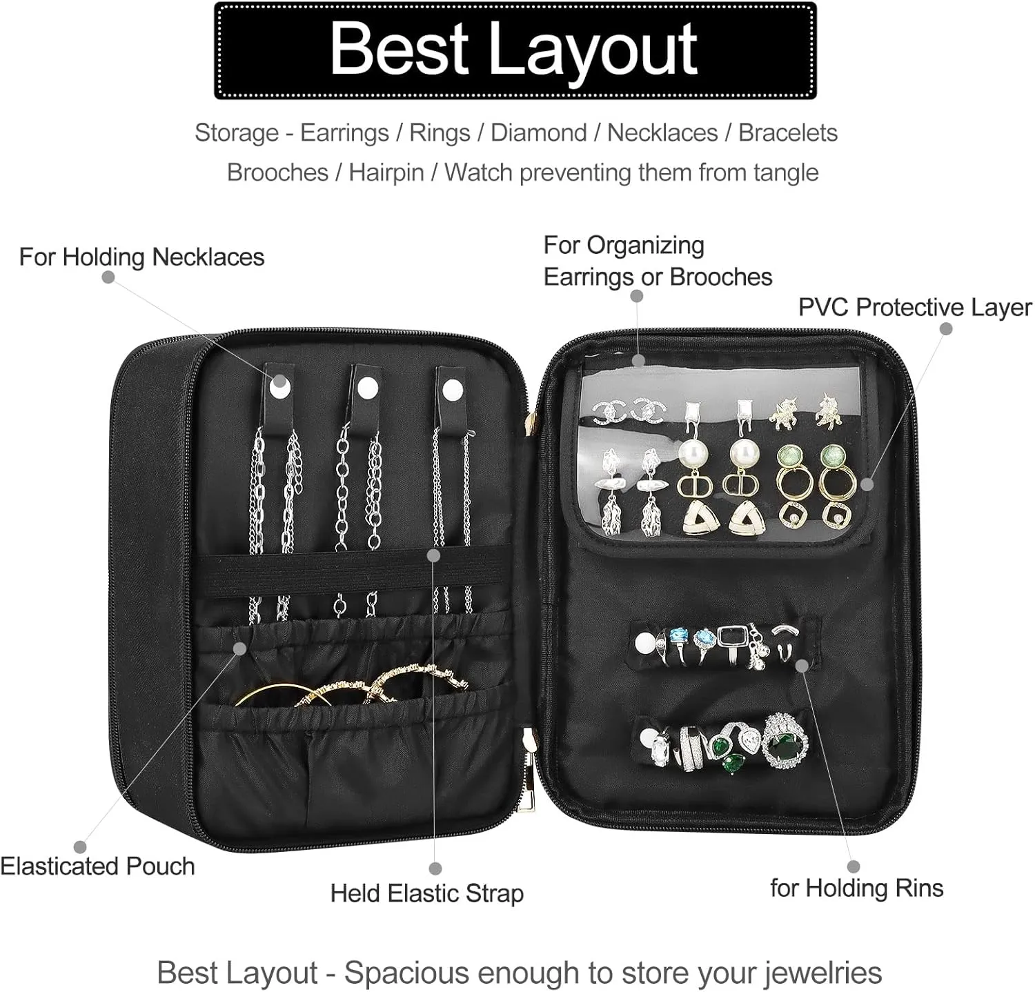 Pocmimut Makeup Bag and Jewelry Bag,Travel Makeup Case for Women 2 in 1 Waterproof Travel Make Up Bag and Jewelry Bag Brushes Bag for Earrings Necklaces Bracelets(Black)