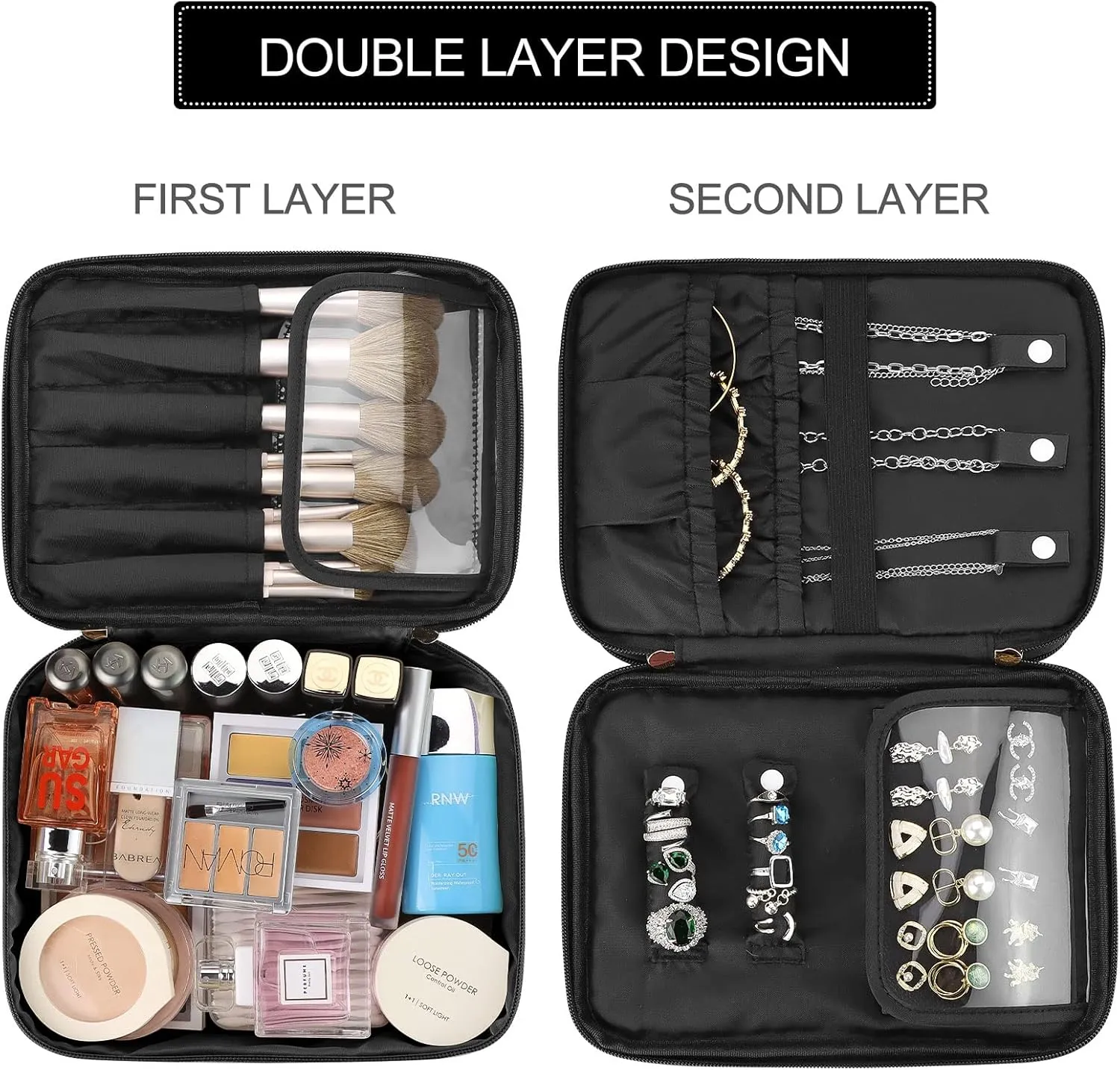 Pocmimut Makeup Bag and Jewelry Bag,Travel Makeup Case for Women 2 in 1 Waterproof Travel Make Up Bag and Jewelry Bag Brushes Bag for Earrings Necklaces Bracelets(Black)