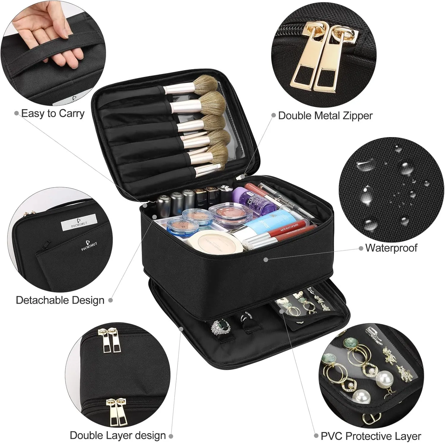 Pocmimut Makeup Bag and Jewelry Bag,Travel Makeup Case for Women 2 in 1 Waterproof Travel Make Up Bag and Jewelry Bag Brushes Bag for Earrings Necklaces Bracelets(Black)