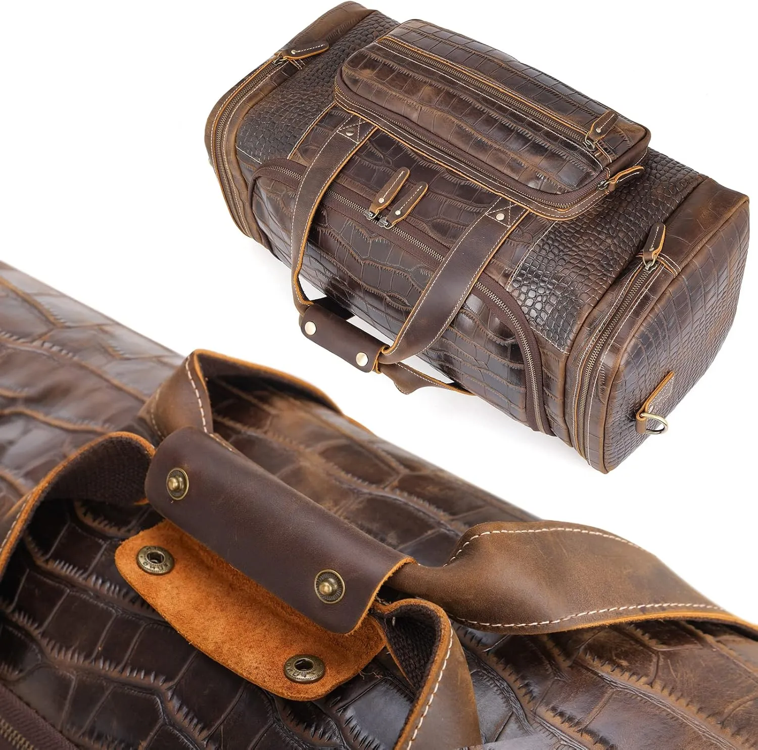 Polare 23" Crocodile Pattern Cowhide Leather Gym Duffle Weekender Overnight Travel Duffel Bag For Men 42L