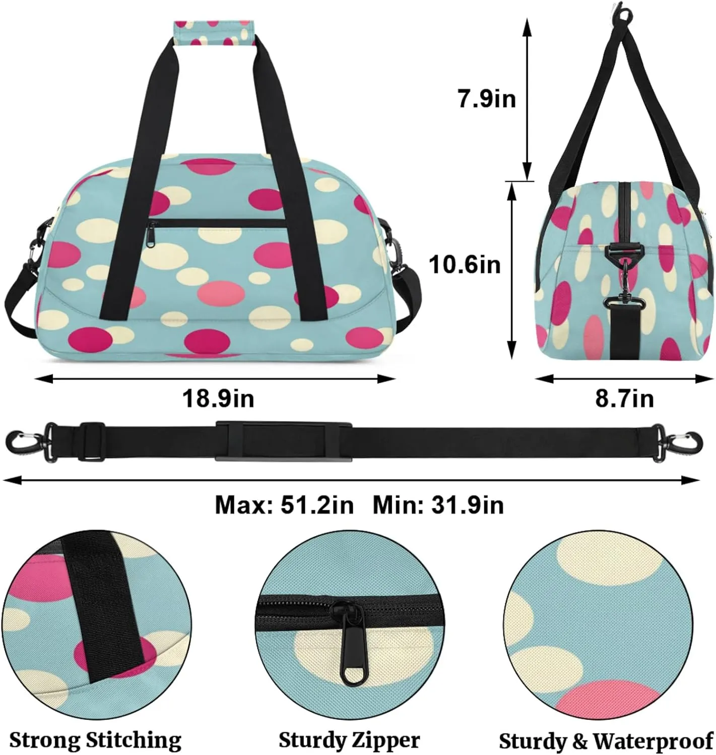 Polka Dot Small Gym Bag for Women Men, Watercolor Rainbow Colorful Travel Duffle Bag Workout Dance Tote Bag Carry On Overnight Weekender Bag