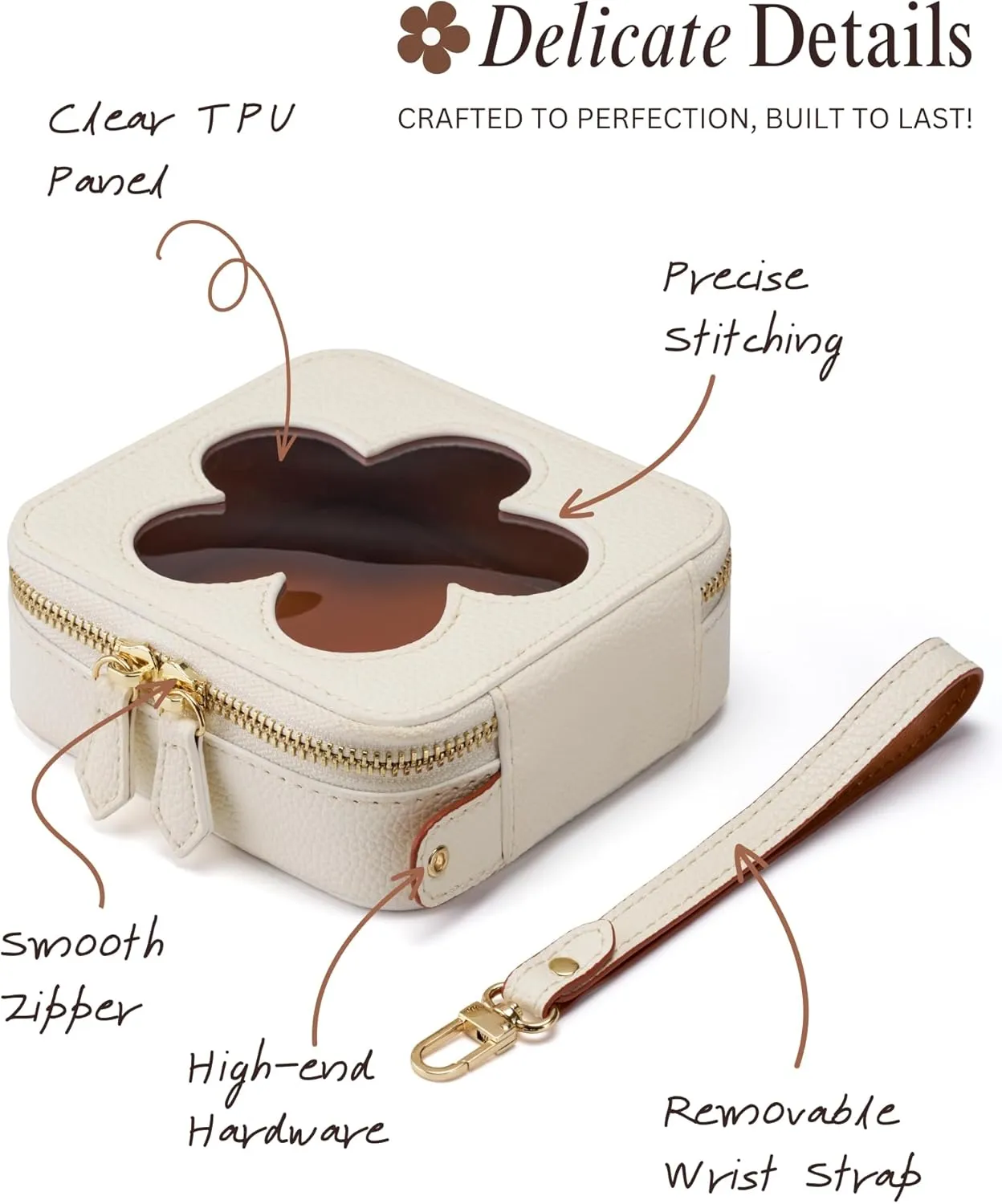 Popvibe Clear Makeup Bag Small Toiletry Bag Women Portable Girls Make Up Bag Organizer Cute Mini Cosmetic Bag for Purse Zipper Leather Makeup Pouch for Car Essentials, White & Brown Flower