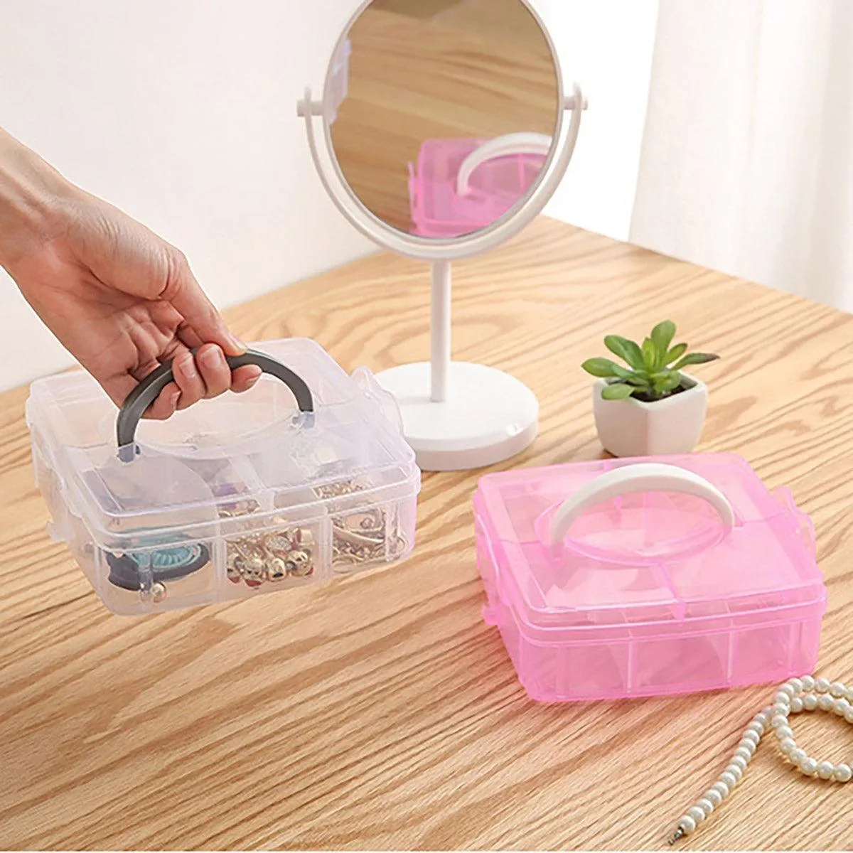 Portable Plastic Jewelry Organizer Box Three layers Detachable Makeup Storager