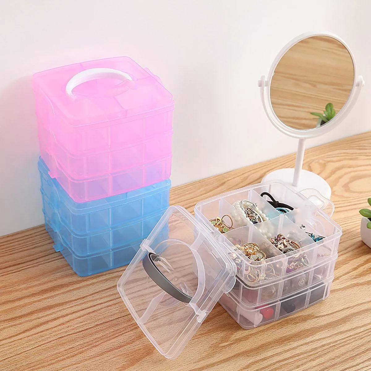 Portable Plastic Jewelry Organizer Box Three layers Detachable Makeup Storager