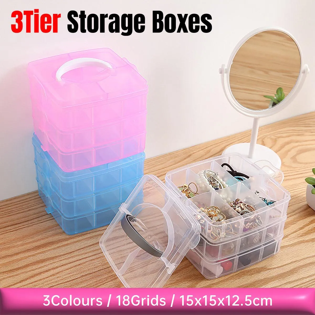 Portable Plastic Jewelry Organizer Box Three layers Detachable Makeup Storager