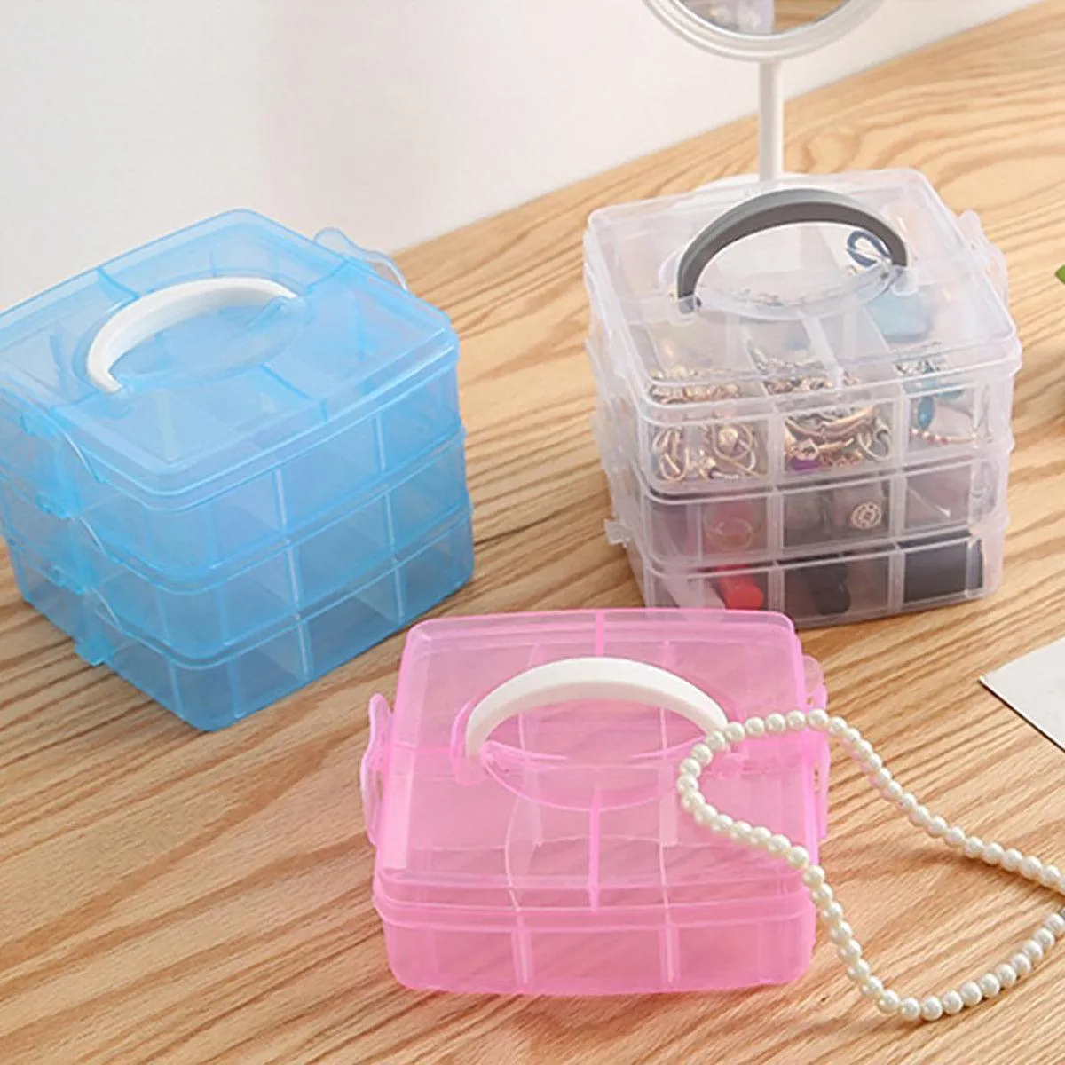 Portable Plastic Jewelry Organizer Box Three layers Detachable Makeup Storager