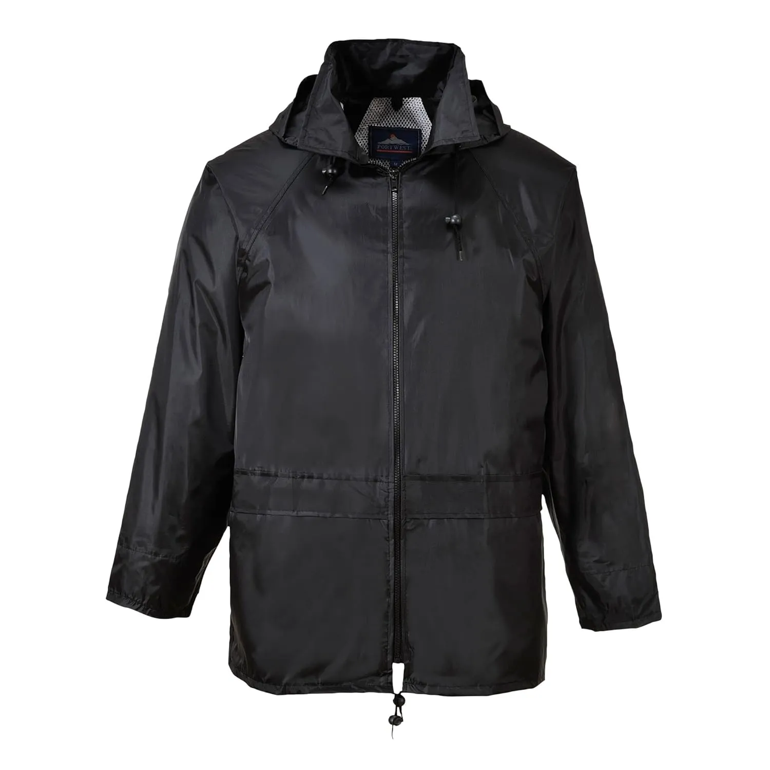 Portwest US440 Classic Waterproof Rain Jacket wth Pack Away Hood & Sealed Seams, Black, Large