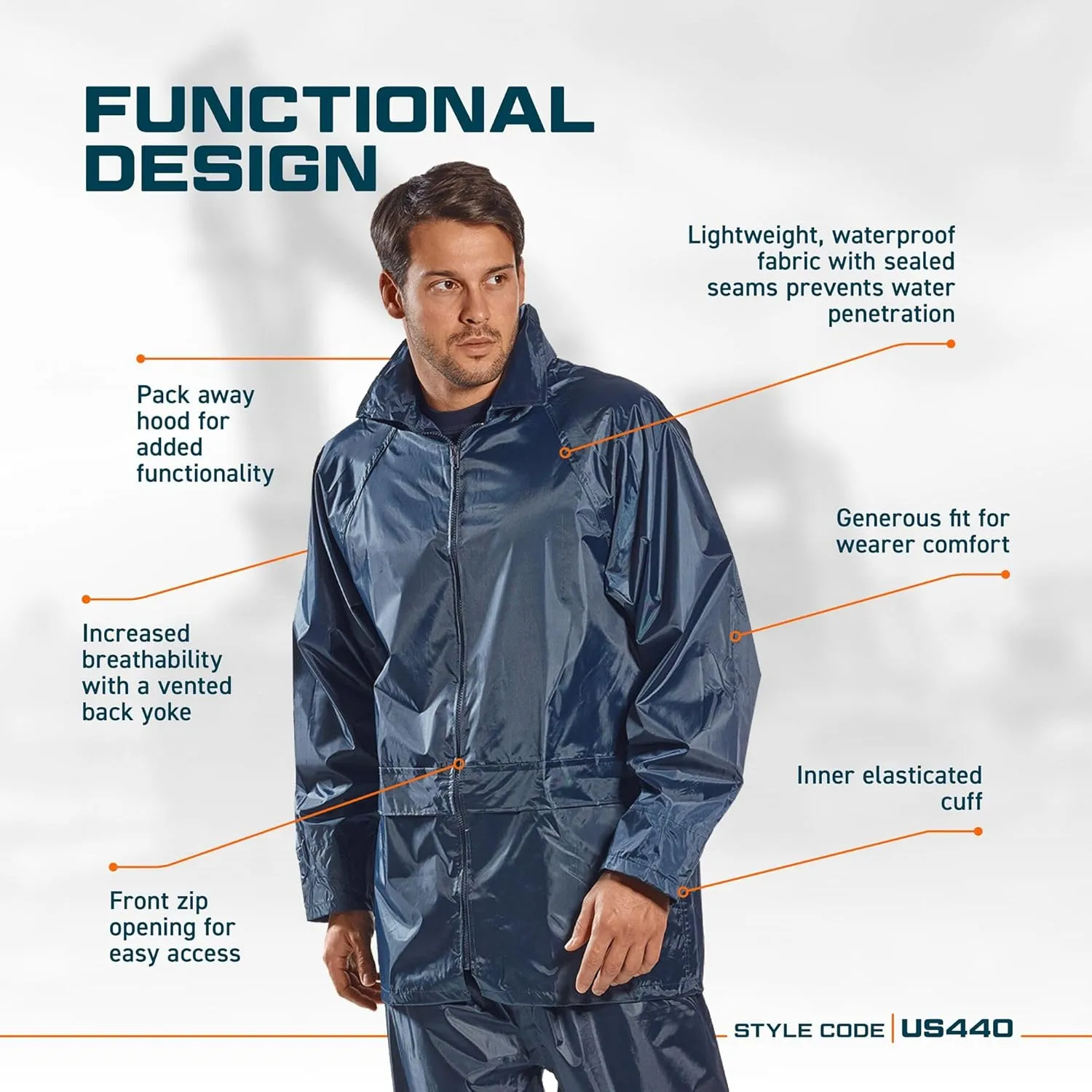 Portwest US440 Classic Waterproof Rain Jacket wth Pack Away Hood & Sealed Seams, Black, Large