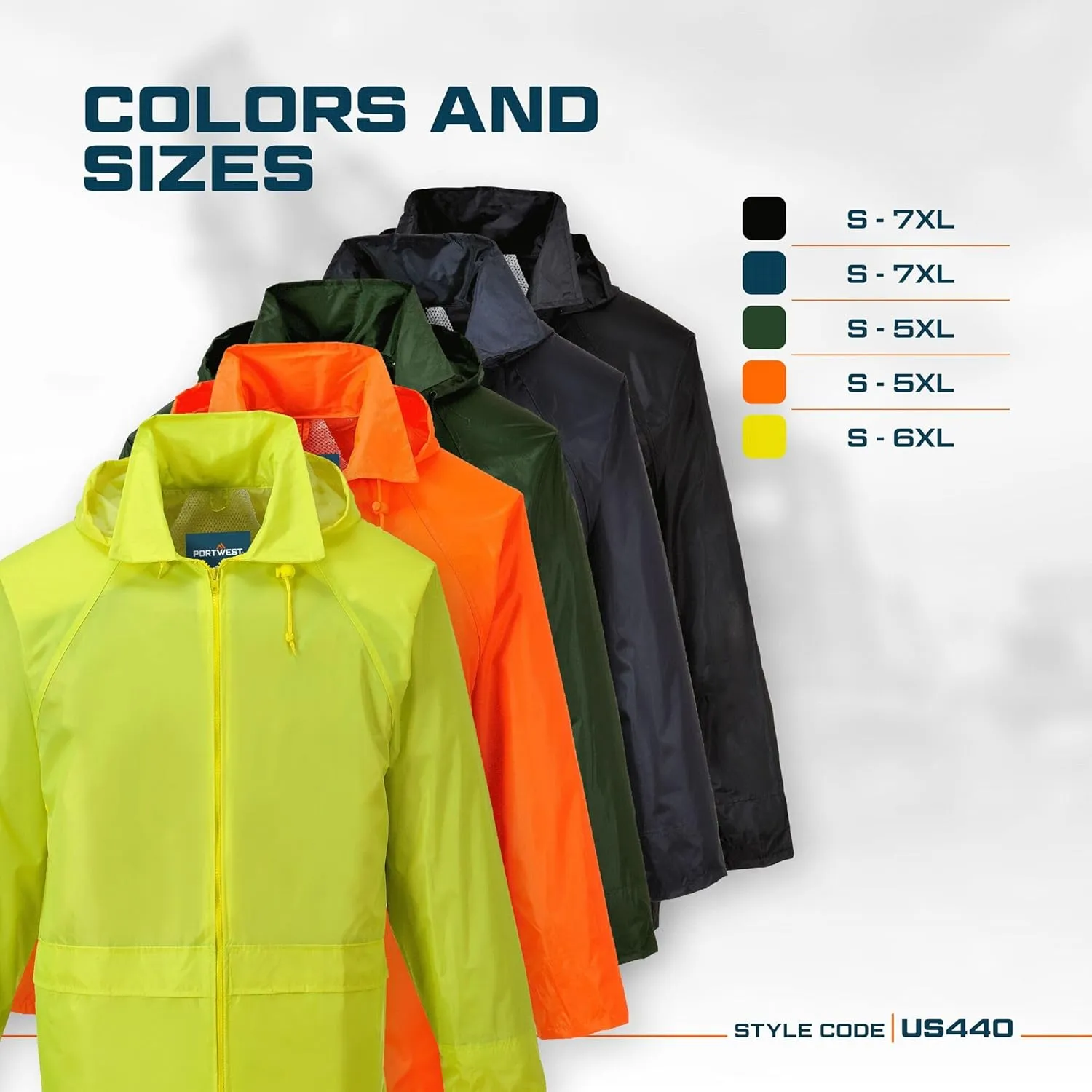 Portwest US440 Classic Waterproof Rain Jacket wth Pack Away Hood & Sealed Seams, Black, Large