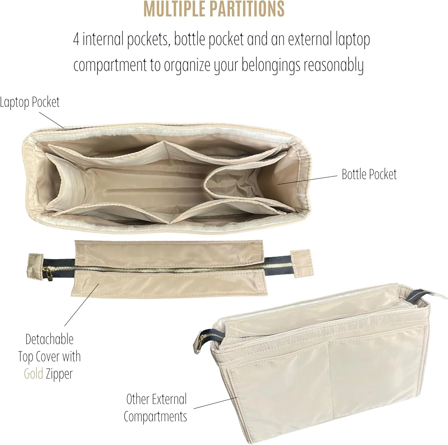 Premium Purse Organizer compatible with Chloe Woody Tote Insert, Handmade Waterproof Nylon Insert fits Small/Medium/Large Tote, Perfect Fit (Beige, For Large Woody)