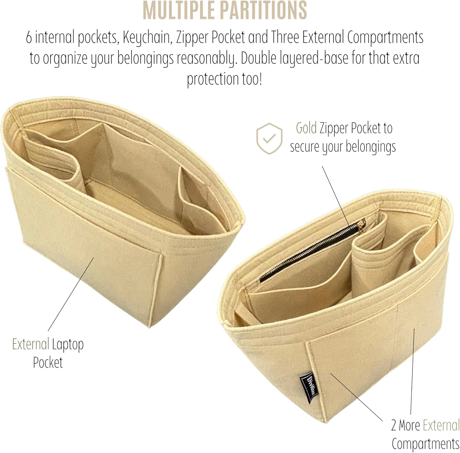 Premium Purse Organizer compatible with Gucci Ophidia Medium Tote Insert - Handmade Oval Shaped Felt Bag Organizer, Perfect Fit Gold Zipper (Cream, For Medium Ophidia)