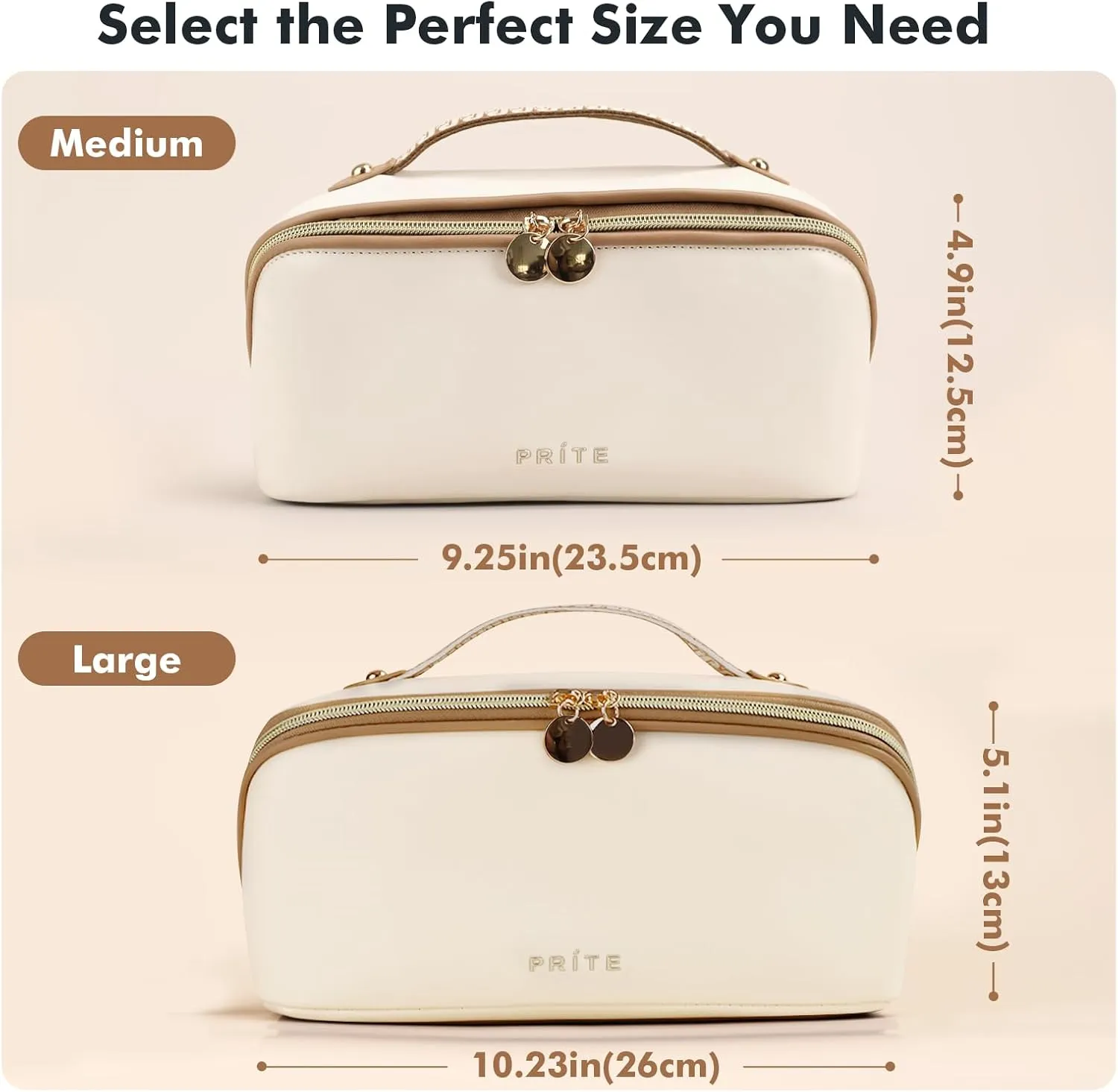 Prite Makeup Bag for Women Travel Waterproof Vegan Leather Cosmetic Bag Open Flat Toiletry Bag With Clear Divider and Handle (Large Beige)