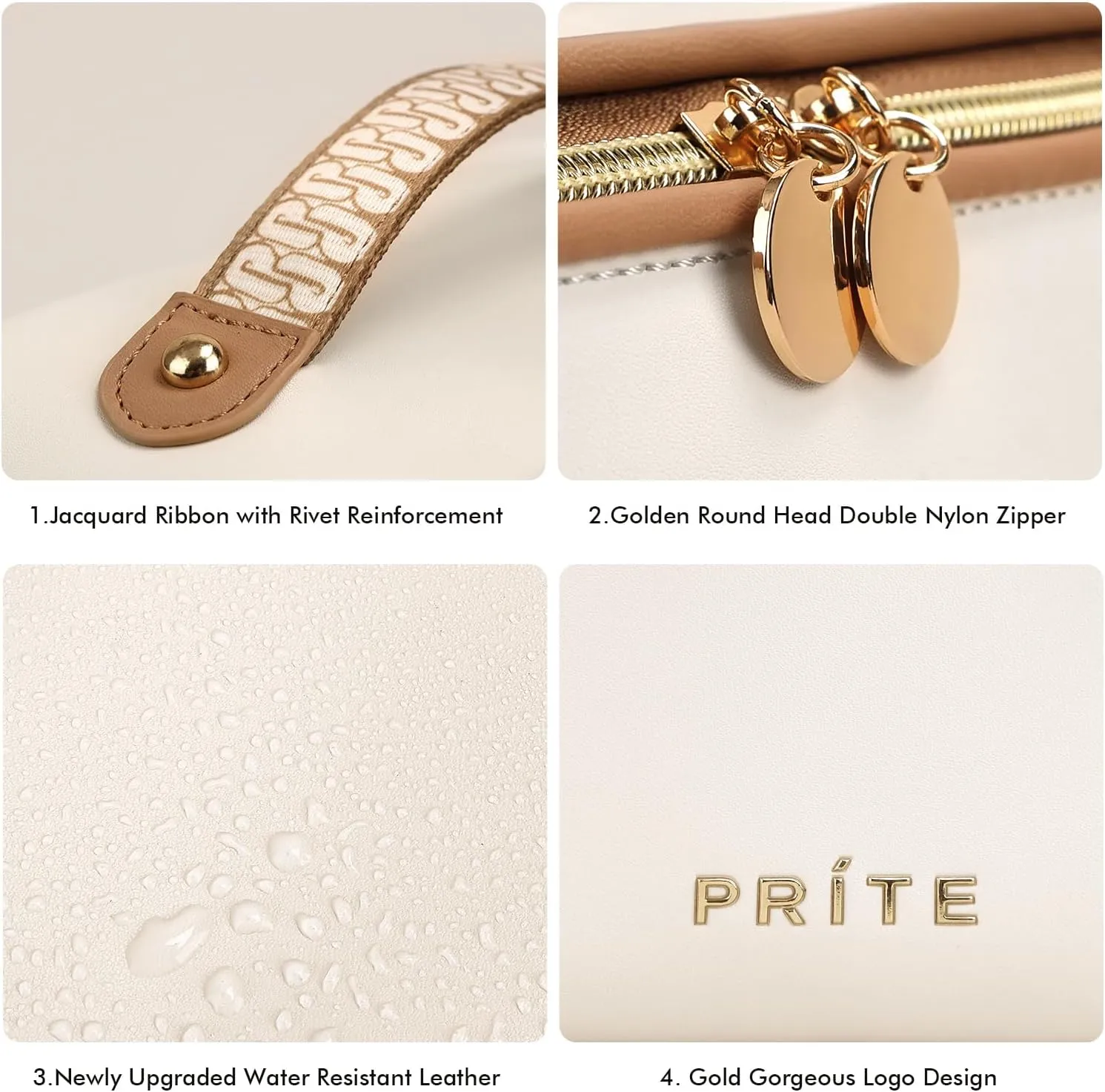 Prite Makeup Bag for Women Travel Waterproof Vegan Leather Cosmetic Bag Open Flat Toiletry Bag With Clear Divider and Handle (Large Beige)