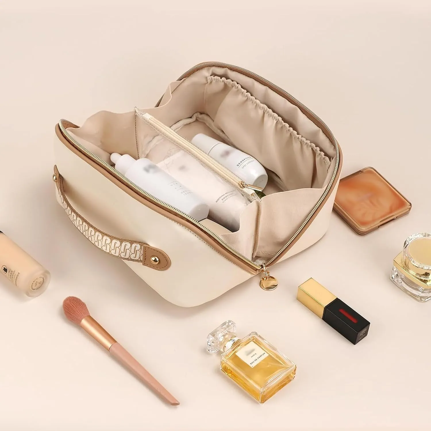 Prite Makeup Bag for Women Travel Waterproof Vegan Leather Cosmetic Bag Open Flat Toiletry Bag With Clear Divider and Handle (Large Beige)