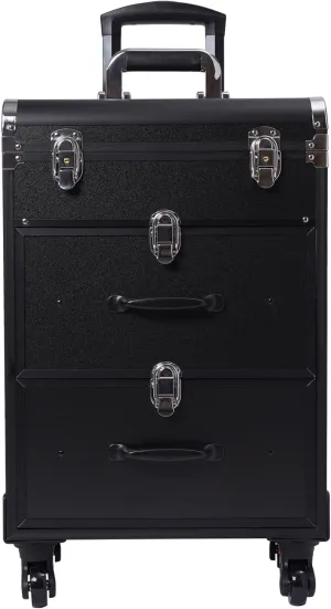 Pro Rolling Makeup Train Case with 2 Drawers, Large Traveling Cosmetic Trolley with 4 Universal Wheels & Locks, Salon Cart Trunk Stylist Artist Nail Polish Organizer Make Up Bag with Dividers