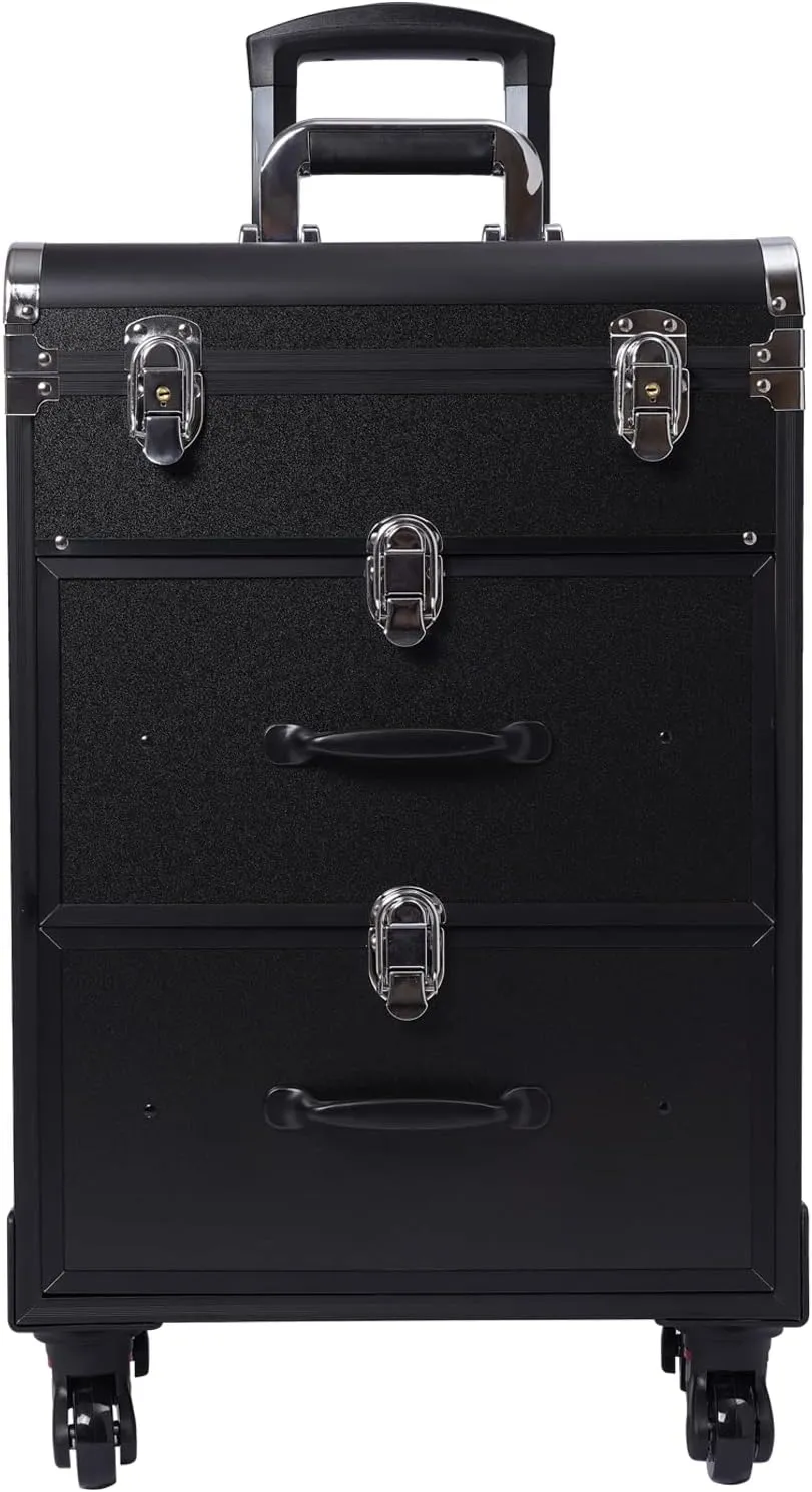 Pro Rolling Makeup Train Case with 2 Drawers, Large Traveling Cosmetic Trolley with 4 Universal Wheels & Locks, Salon Cart Trunk Stylist Artist Nail Polish Organizer Make Up Bag with Dividers