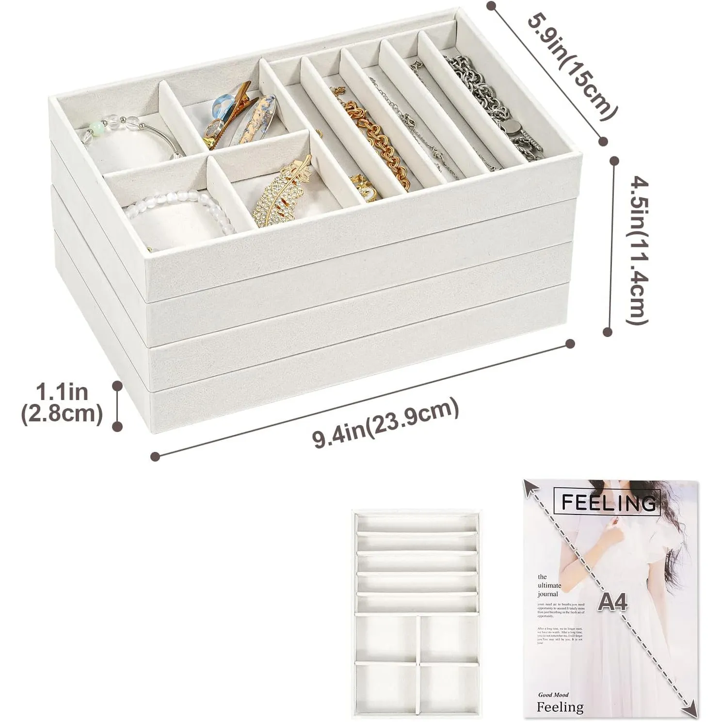ProCase Set of 4 Stackable Jewelry Organizer Trays for Drawers, Jewelry Drawer Inserts Container Display Case Storage for Earring Necklace Rings Bracelet with Removable Dividers -Warmwhite