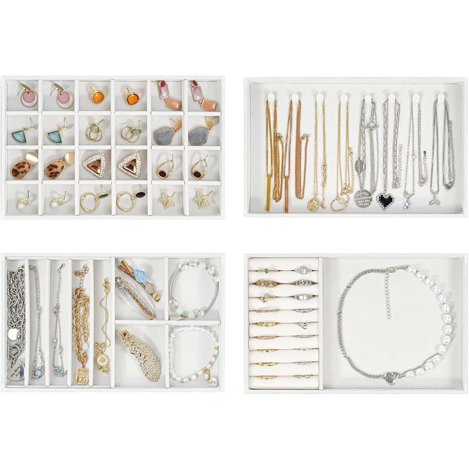 ProCase Set of 4 Stackable Jewelry Organizer Trays for Drawers, Jewelry Drawer Inserts Container Display Case Storage for Earring Necklace Rings Bracelet with Removable Dividers -Warmwhite