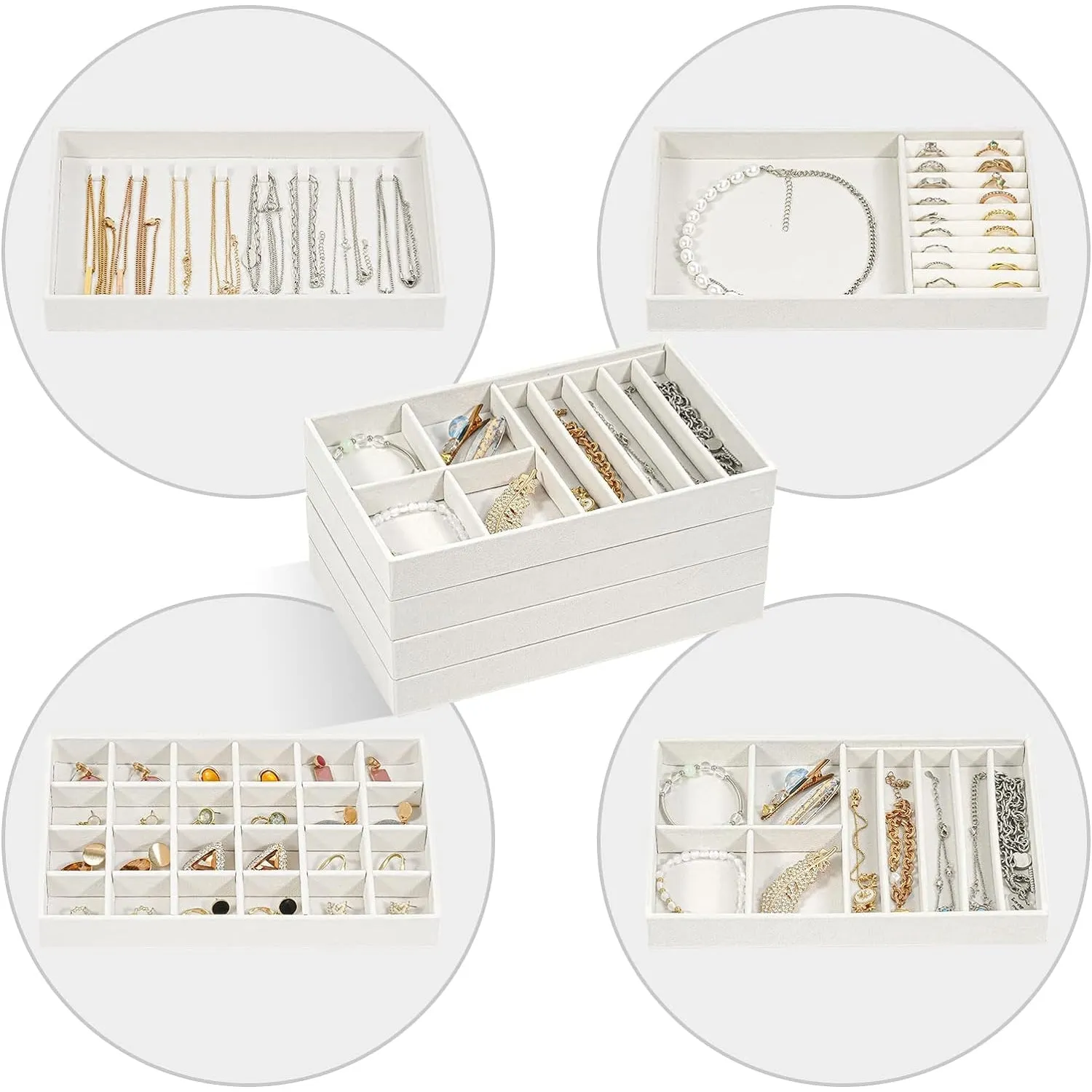 ProCase Set of 4 Stackable Jewelry Organizer Trays for Drawers, Jewelry Drawer Inserts Container Display Case Storage for Earring Necklace Rings Bracelet with Removable Dividers -Warmwhite