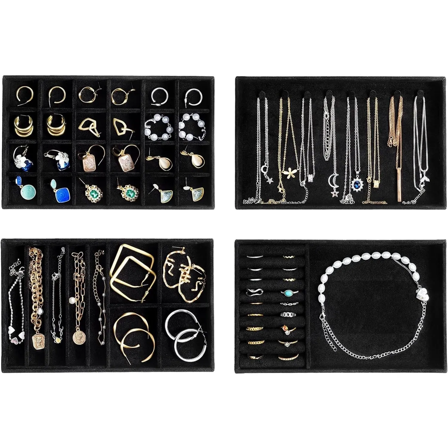 ProCase Set of 4 Stackable Jewelry Organizer Trays for Drawers, Jewelry Drawer Inserts Container Display Case Storage for Earring Necklace Rings Bracelet with Removable Dividers -Warmwhite