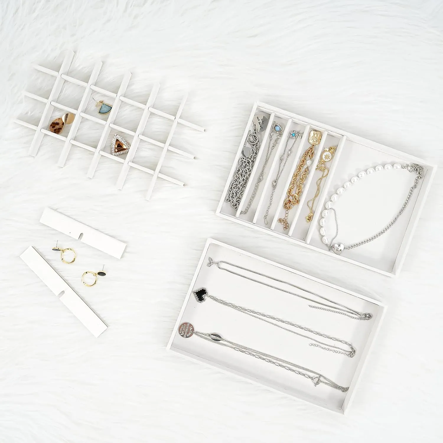 ProCase Set of 4 Stackable Jewelry Organizer Trays for Drawers, Jewelry Drawer Inserts Container Display Case Storage for Earring Necklace Rings Bracelet with Removable Dividers -Warmwhite
