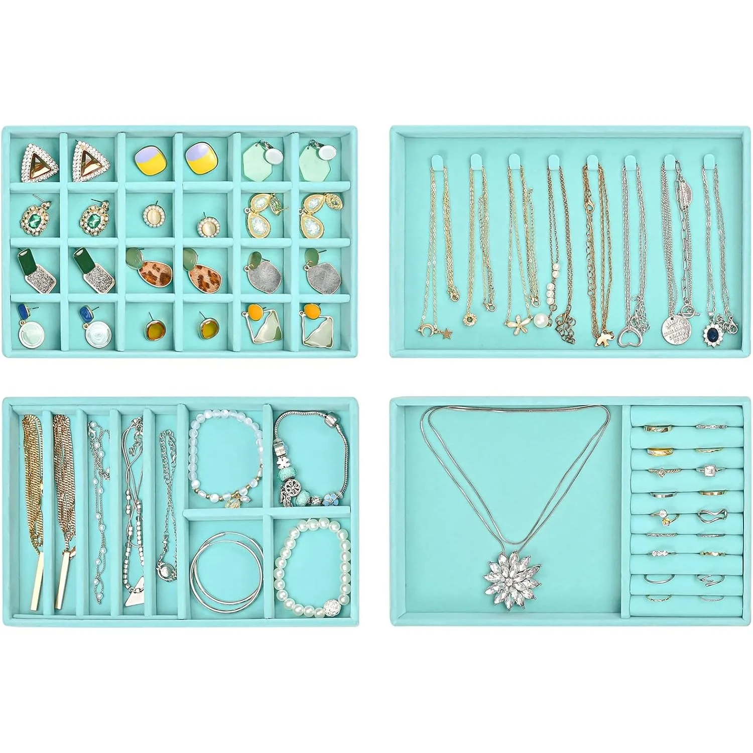 ProCase Set of 4 Stackable Jewelry Organizer Trays for Drawers, Jewelry Drawer Inserts Container Display Case Storage for Earring Necklace Rings Bracelet with Removable Dividers -Warmwhite
