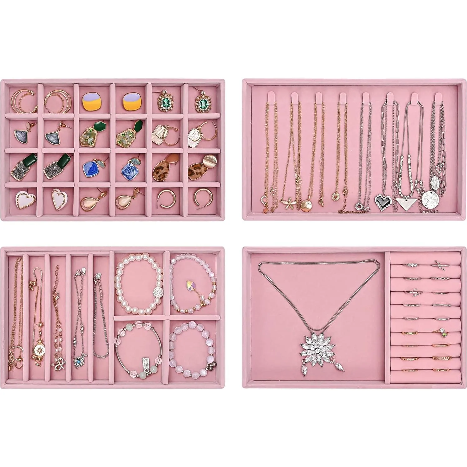 ProCase Set of 4 Stackable Jewelry Organizer Trays for Drawers, Jewelry Drawer Inserts Container Display Case Storage for Earring Necklace Rings Bracelet with Removable Dividers -Warmwhite