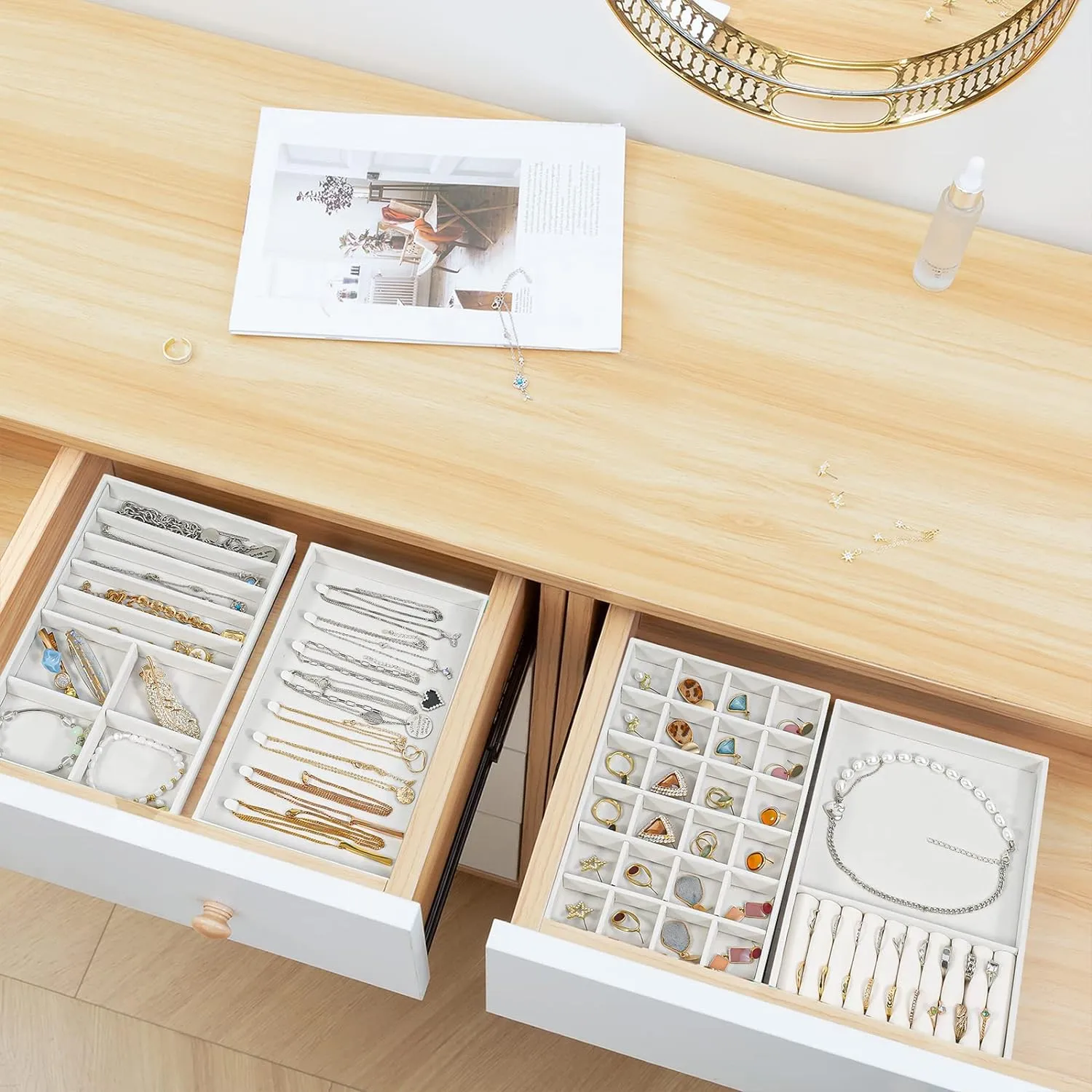 ProCase Set of 4 Stackable Jewelry Organizer Trays for Drawers, Jewelry Drawer Inserts Container Display Case Storage for Earring Necklace Rings Bracelet with Removable Dividers -Warmwhite