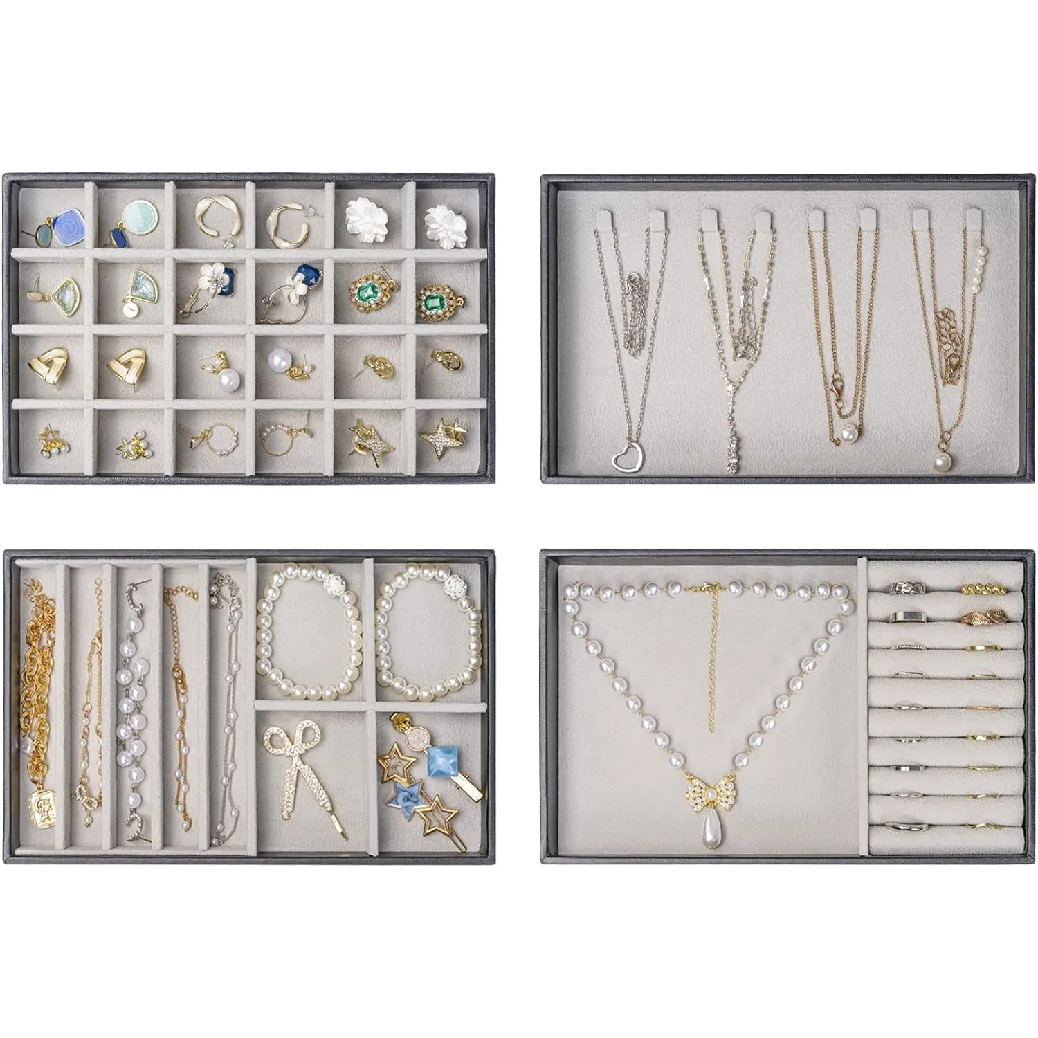 ProCase Set of 4 Stackable Jewelry Organizer Trays for Drawers, Jewelry Drawer Inserts Container Display Case Storage for Earring Necklace Rings Bracelet with Removable Dividers -Warmwhite
