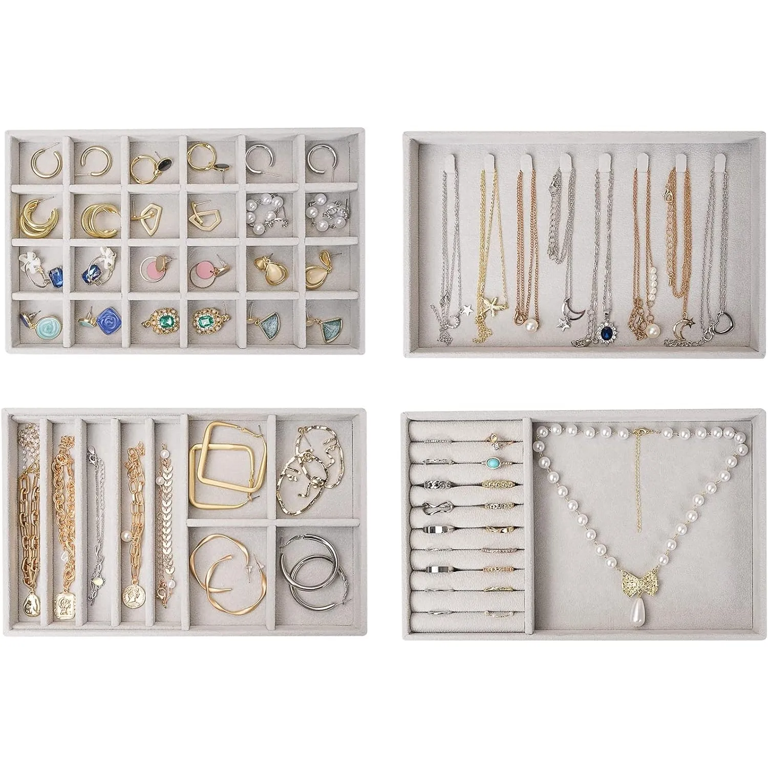 ProCase Set of 4 Stackable Jewelry Organizer Trays for Drawers, Jewelry Drawer Inserts Container Display Case Storage for Earring Necklace Rings Bracelet with Removable Dividers -Warmwhite