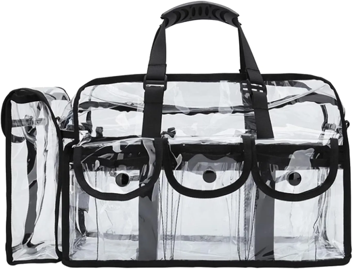 Professional Clear PVC Travel Makeup Kits Organizer Make up Set Bag MUA Carry All Artist Transparent Vinyl Travel Cosmetic Bag with 6 External Pockets & Tissue Holder (Black)